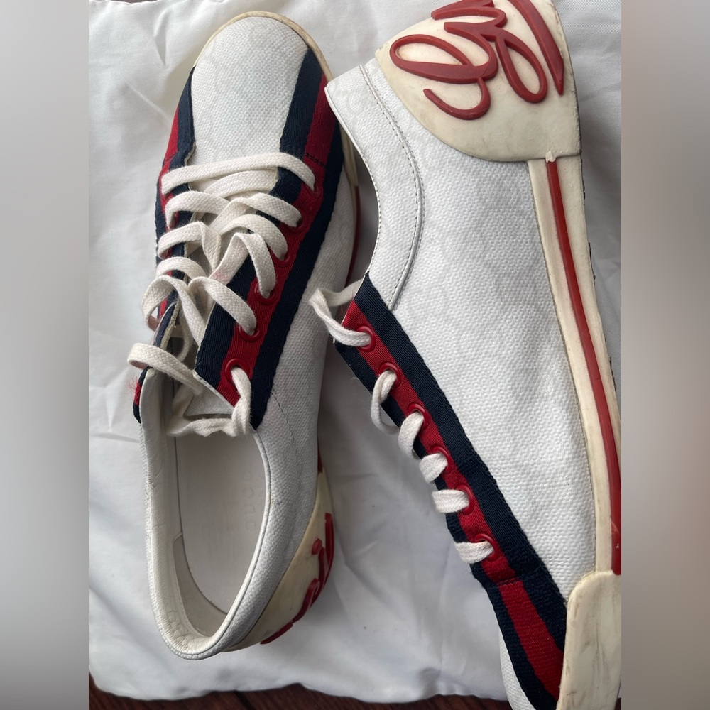 Gucci Euro 37 White Sneakers with Red and Navy Stripe Shoes